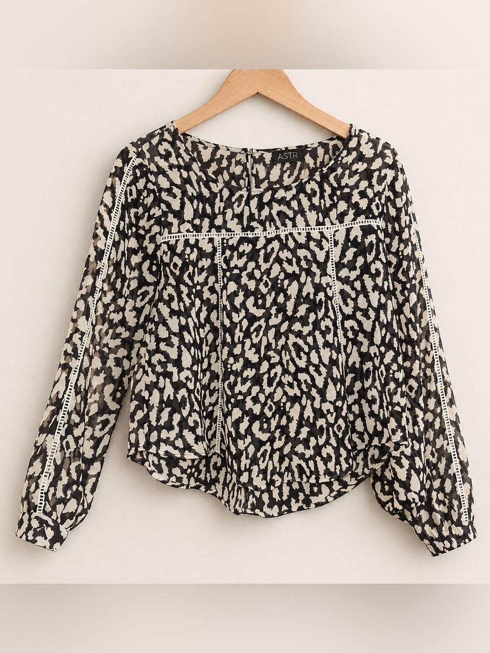 ASTR Blue and Cream Leopard Print Crochet-Trim Blouse
